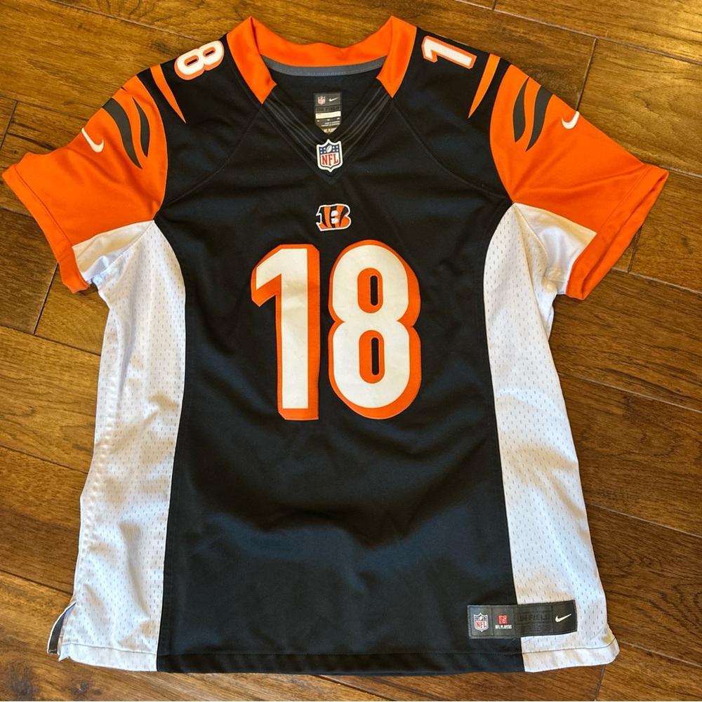 Cincinnati Bengals Women's Jersey Shirt NFL Nike V Neck Green #18 Black Size XL